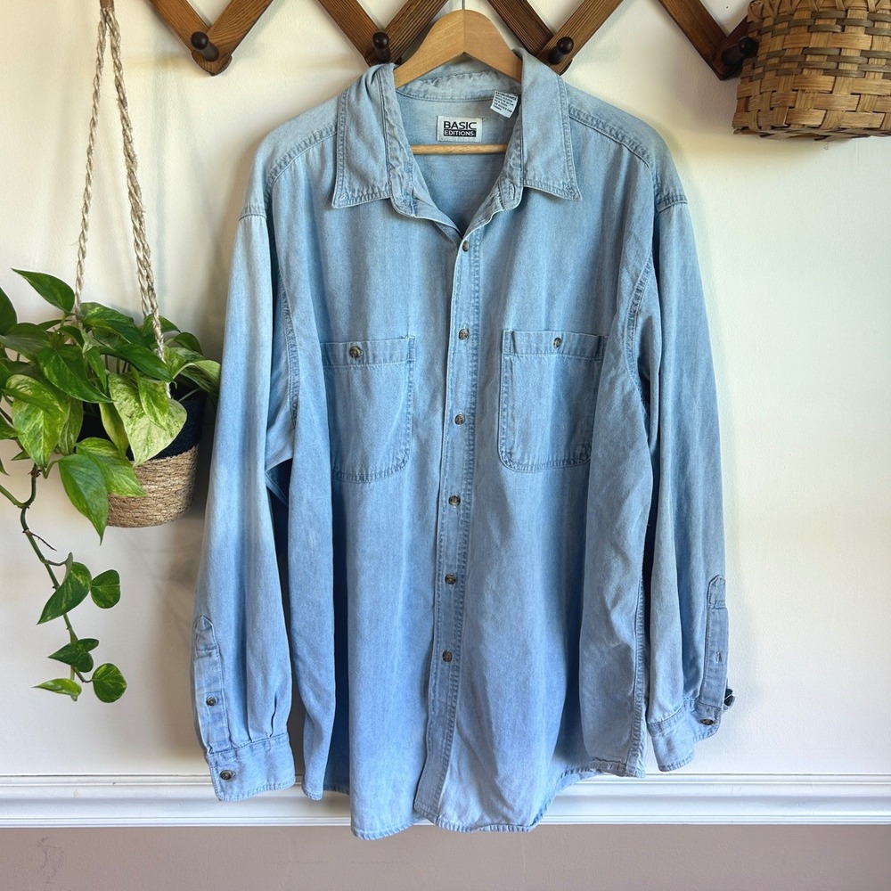 Vintage 90's Basic Editions Light Wash Denim Long Sleeve Button Down Shirt